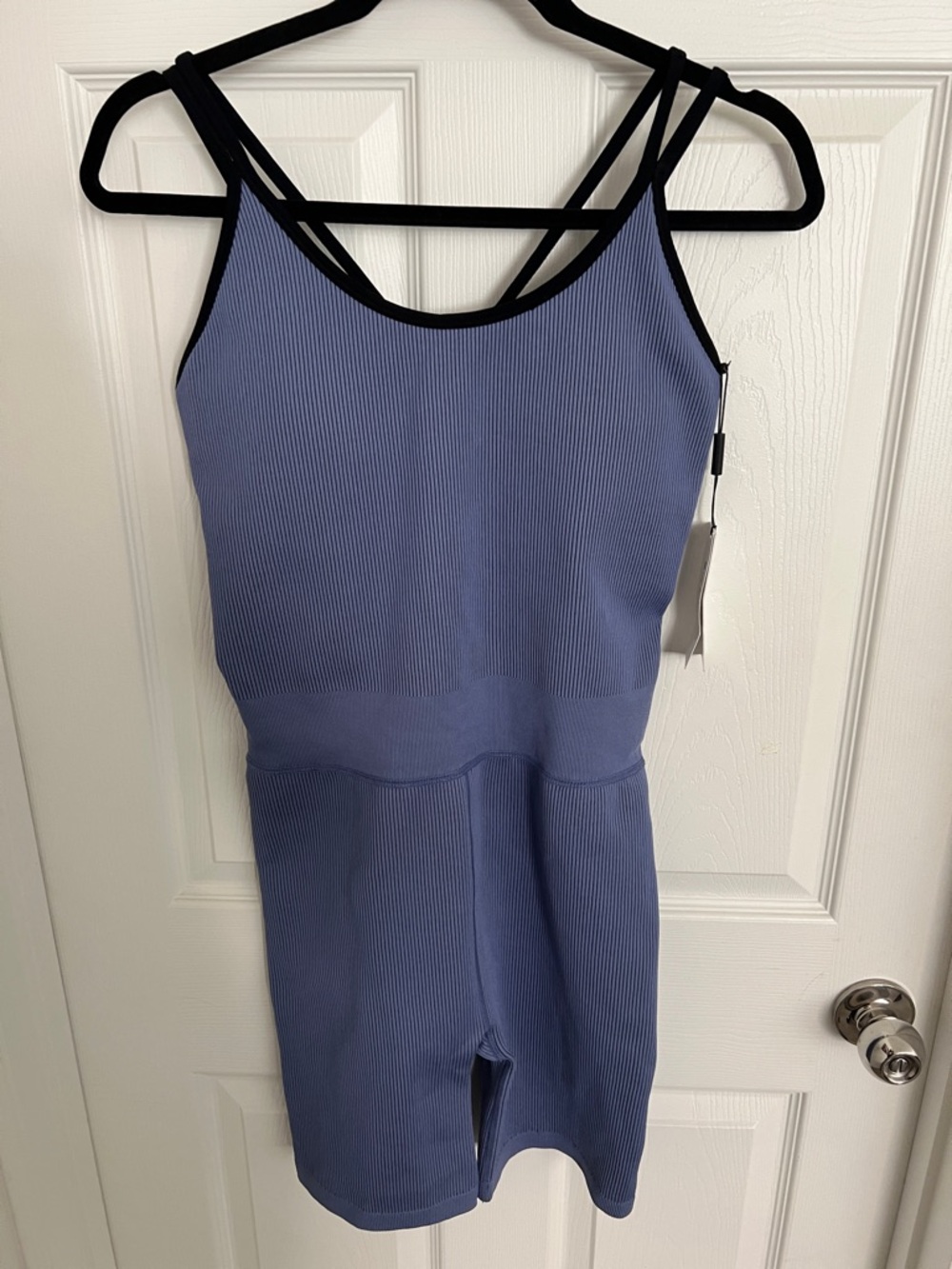 Calvin Klein Lavender Blue Ribbed Strappy Romper with Black Trim